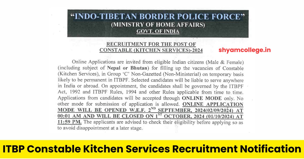 ITBP Constable Kitchen Services Recruitment Notification